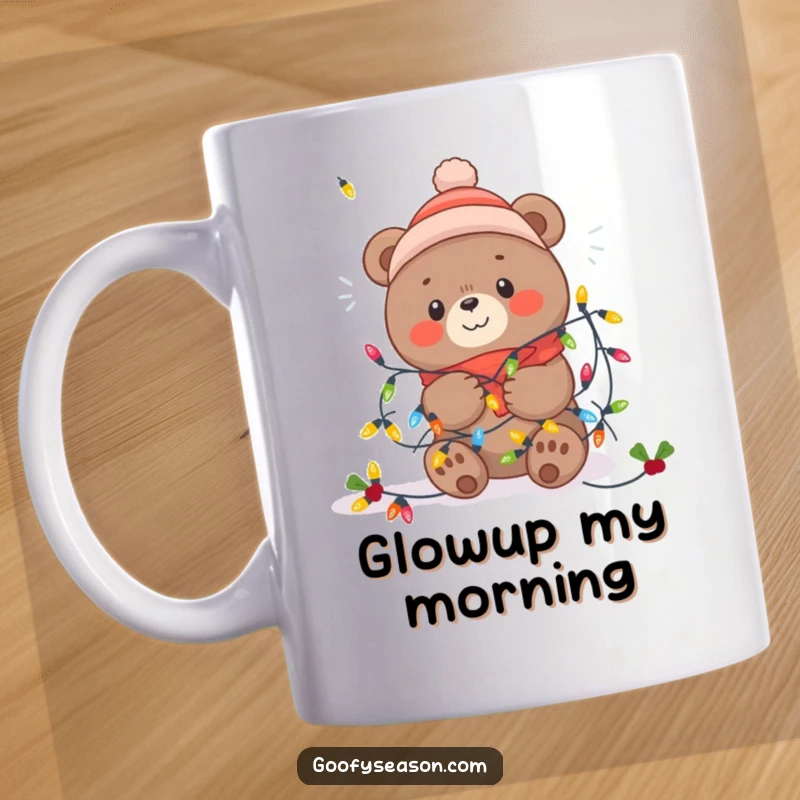 Funny Kawaii bear hilariously tangled in colorful festive Christmas lights on a winter mug.