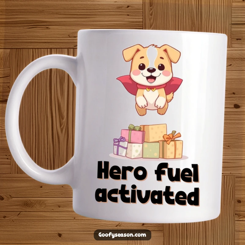 Funny happy dog in a cape leaping over presents, on a mug, a perfect funny gift.