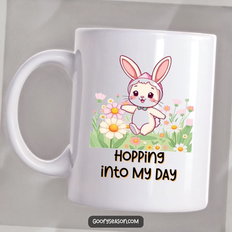 Funny bunny mug with a cheerful rabbit in a spring bonnet, hopping through a vibrant field of oversized flowers.