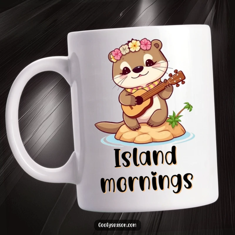 Funny otter mug with a cute otter wearing a lei, happily strumming a ukulele on a tiny, tropical island. Aloha vibes.