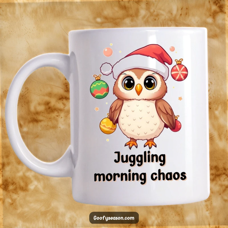 Funny mug featuring a cheerful owl wearing a Santa hat and juggling festive ornaments, embodying holiday fun and festive spirit.