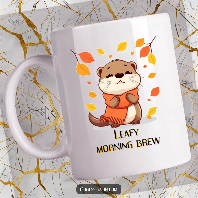 Funny Mug: A curious otter in a cozy scarf gazes intently at gently falling autumn leaves.