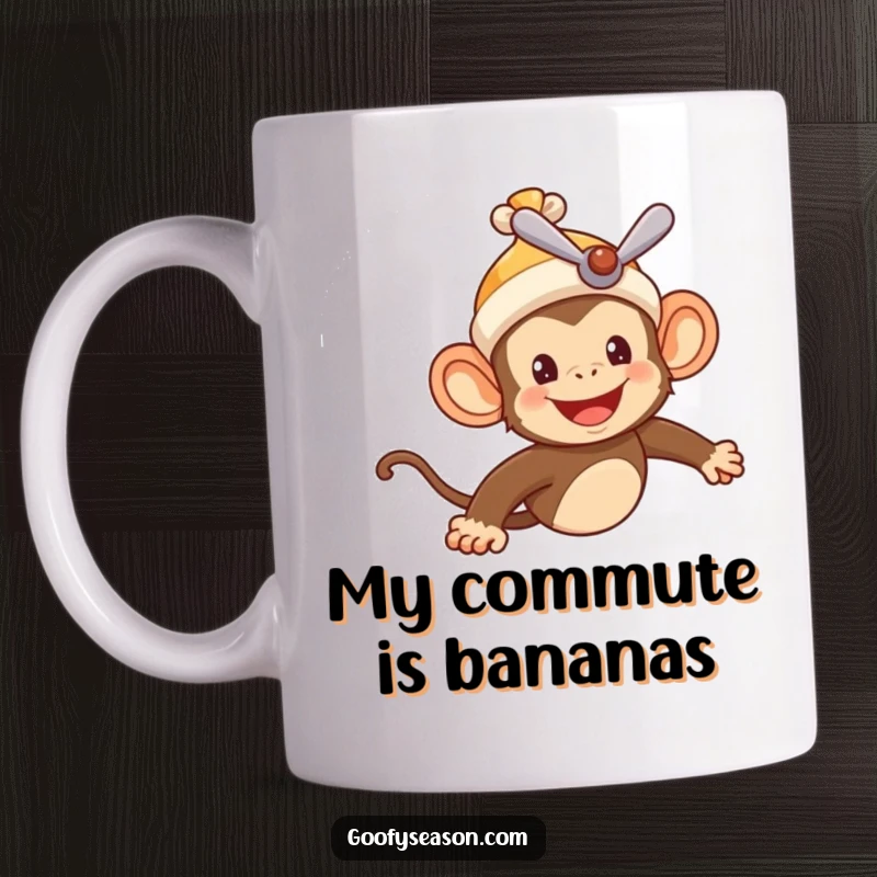 Funny coffee mug featuring a cheerful monkey in a propeller beanie soaring through a bright summer sky, bringing joy and adventure.