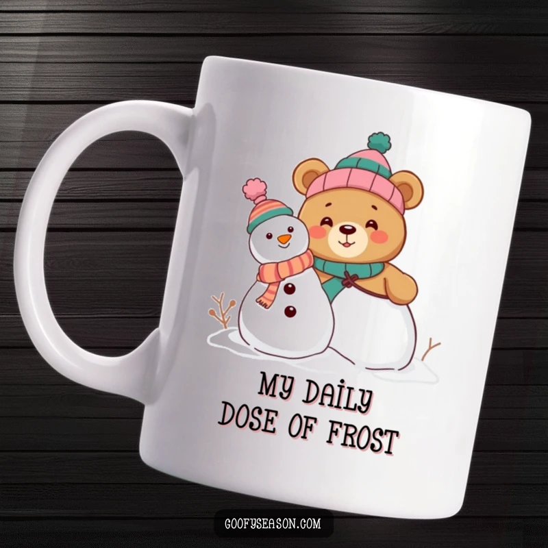 Funny mug featuring a curious bear character enthusiastically building a snowman, wearing several mismatched hats for a comical winter scene.