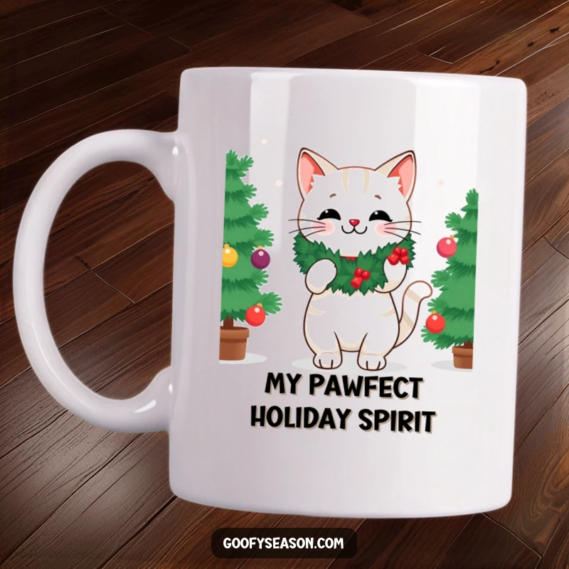 Funny mug with a cheerful cat wearing a festive wreath, happily decorating a Christmas tree with ornaments and tinsel.