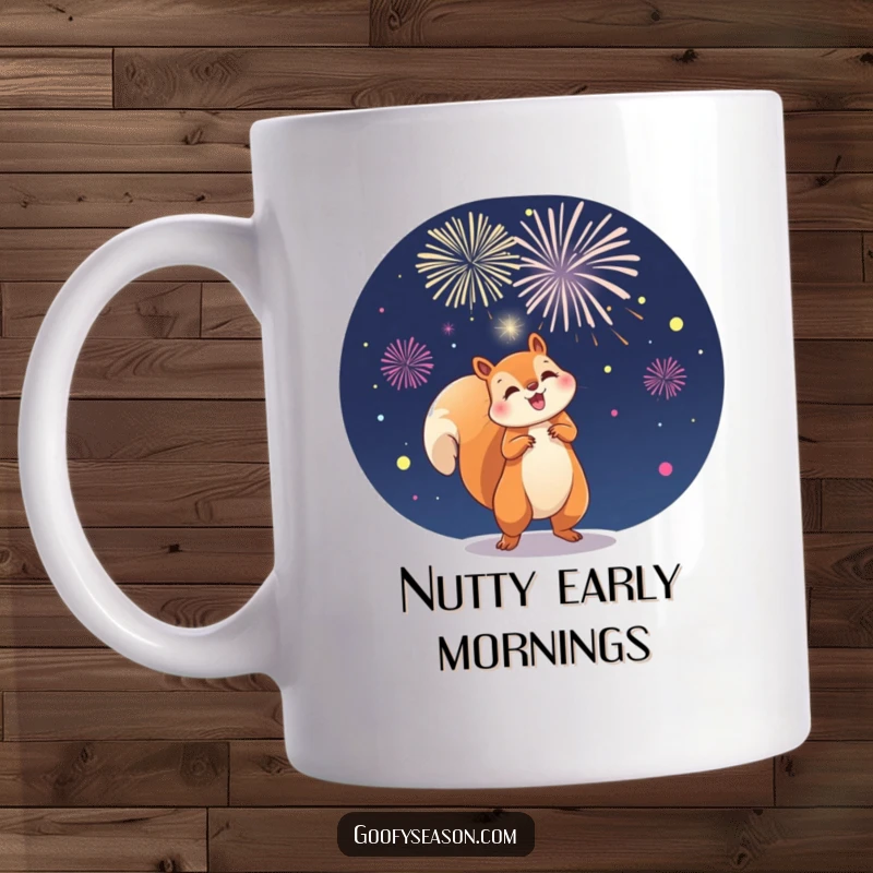 Funny mug with a playful squirrel character launching colorful fireworks in the dark night sky, celebrating with excitement.