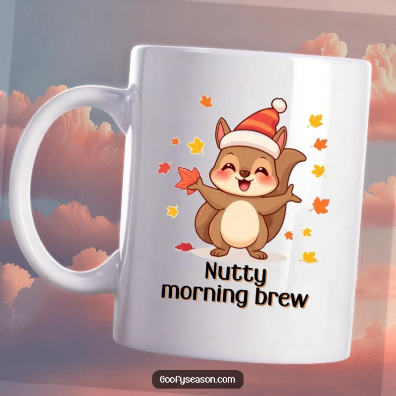 Funny Mug: Joyful squirrel character in a festive hat, skillfully juggling colorful autumn leaves.