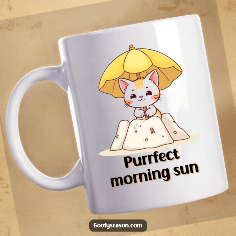 Funny mug with a curious cat character holding a sun umbrella next to a sandcastle on a sunny beach.