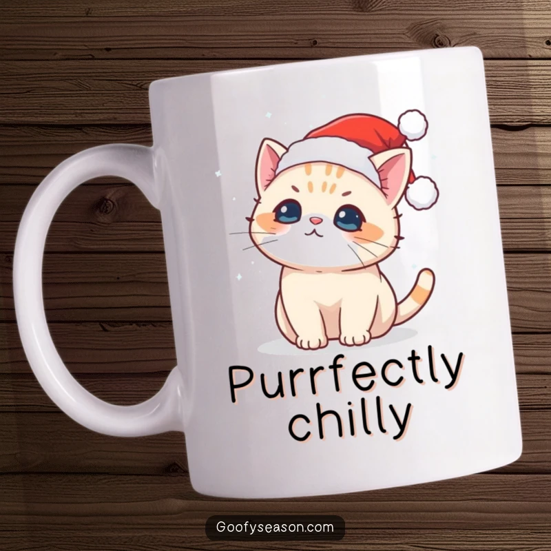 Funny Kawaii cat wearing a Santa hat joyfully trying to catch falling snowflakes, bringing winter cheer.