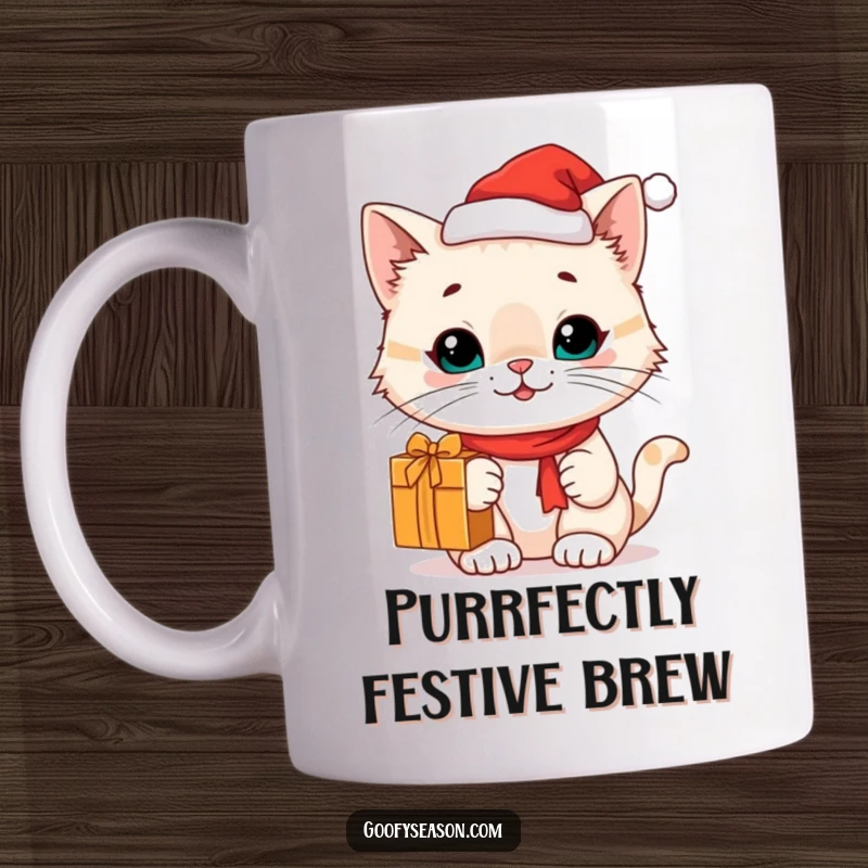Funny cute cat character wearing a tiny Santa hat, holding a gift, depicted on a mug, spreading holiday cheer, funny gift.