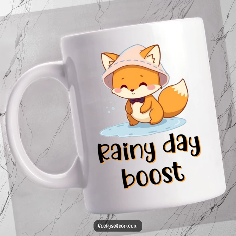 Funny mischievous fox character wearing a rain hat, joyfully playing in puddles on a mug, embodying rainy day fun.