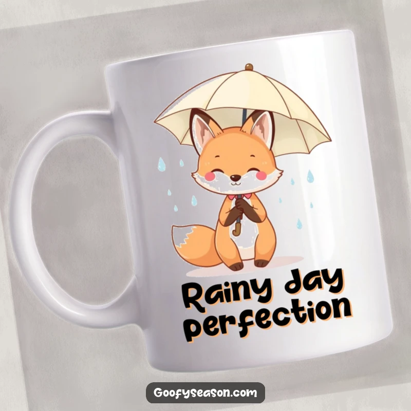 Funny Kawaii fox cheerfully holding an umbrella under happy raindrops, celebrating spring on a cute mug.
