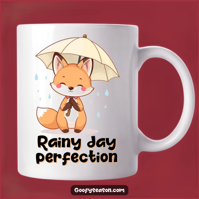Funny Kawaii Spring Fox Mug - Cheerful Raindrops Umbrella Gift