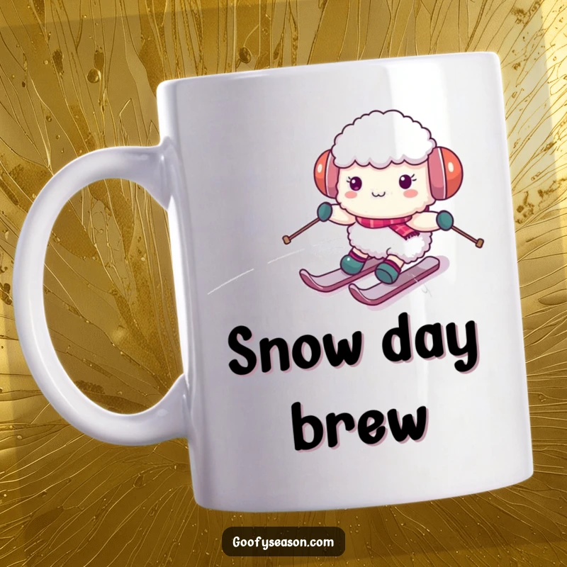 Funny sheep character wearing earmuffs, comically skiing down a snowy hill on a mug, depicting winter clumsiness and joy.