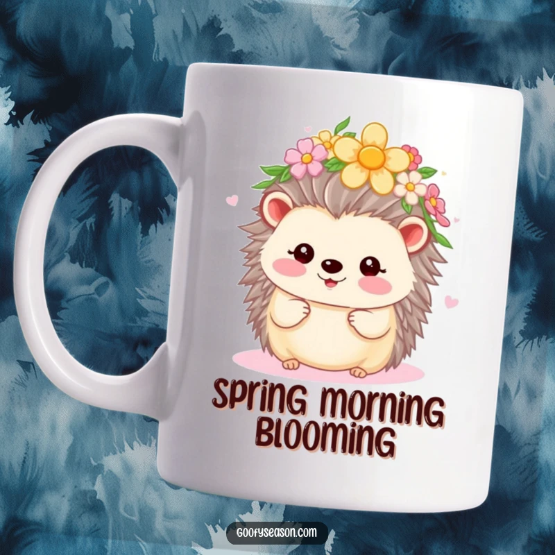 Funny Kawaii hedgehog wearing a flower crown, beaming with joy during spring, featured on a mug.