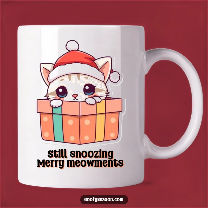 Funny Curious Cat Santa Present Mug - Adorable Holiday Gift for Cat Lovers
