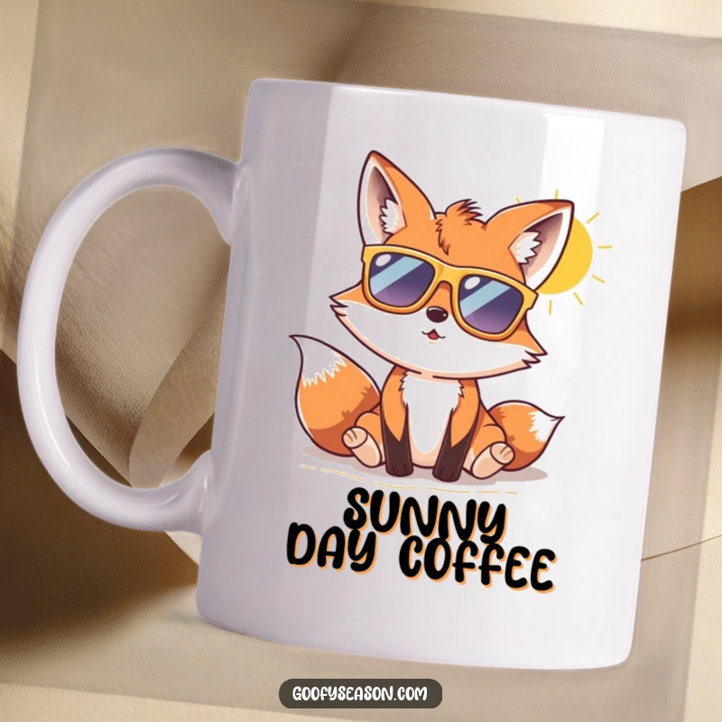 Funny curious fox wearing oversized sunglasses, relaxing on a sunny beach, bringing cool humor to this mug.