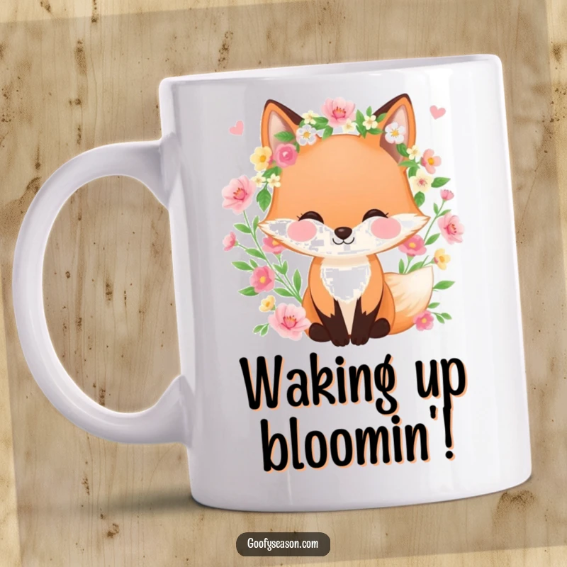 Funny mug featuring a happy fox wearing a spring wreath, surrounded by blooming flowers, embodying the joy and beauty of springtime.