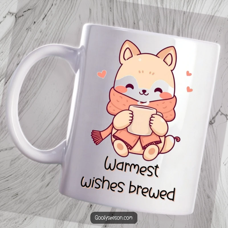 Funny kawaii animal character bundled in a cozy scarf, holding a steaming mug, radiating warmth and comfort.