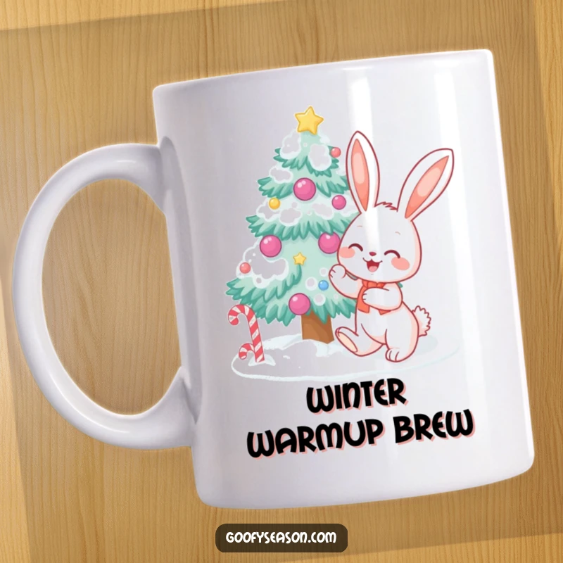 Happy bunny character excitedly decorating a snow-covered tree with colorful candy, looking joyful and festive.