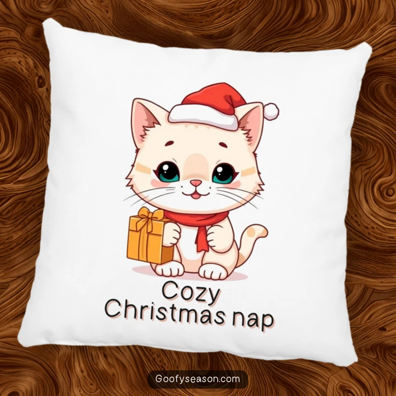 Funny cat character in a Santa hat with a gift on a soft pillow, bringing cozy holiday vibes, funny gift.