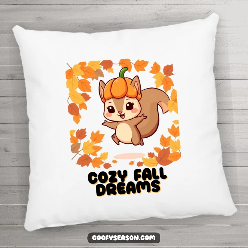 Funny pillow featuring a playful squirrel in a pumpkin hat jumping through autumn leaves, perfect for cozying up with seasonal cheer.