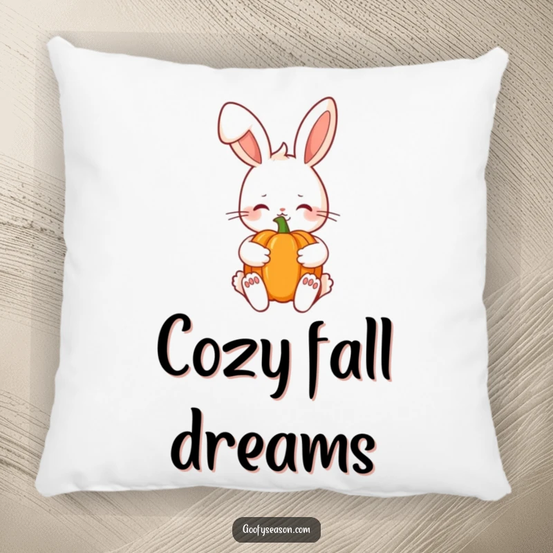 Funny Kawaii bunny with a shy smile holding a pumpkin, bringing autumn coziness to a soft, decorative pillow.