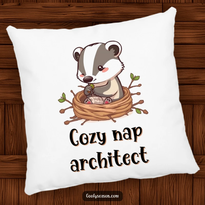 Funny pillow with a clever badger character building a cozy nest with twigs, offering a humorous and comfortable touch of home.