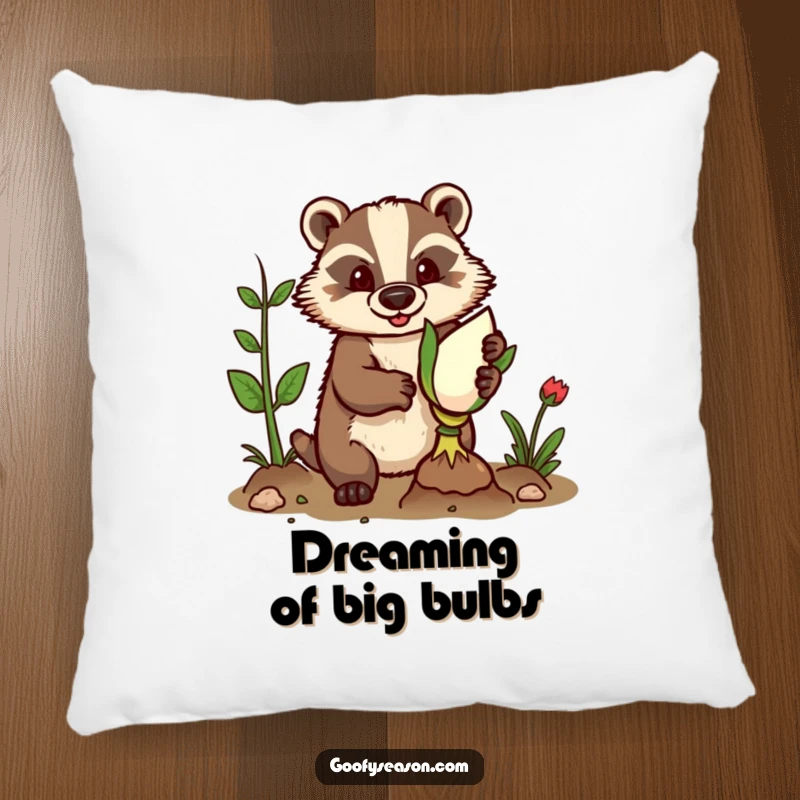 Funny pillow depicting a determined badger in gardening gloves, planting a giant bulb with a focused expression.