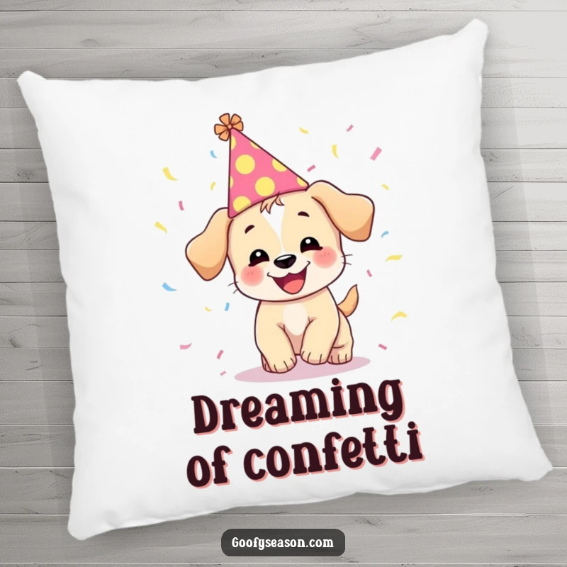 Funny pillow depicting a giggling puppy in a festive hat, playfully interacting with falling confetti.