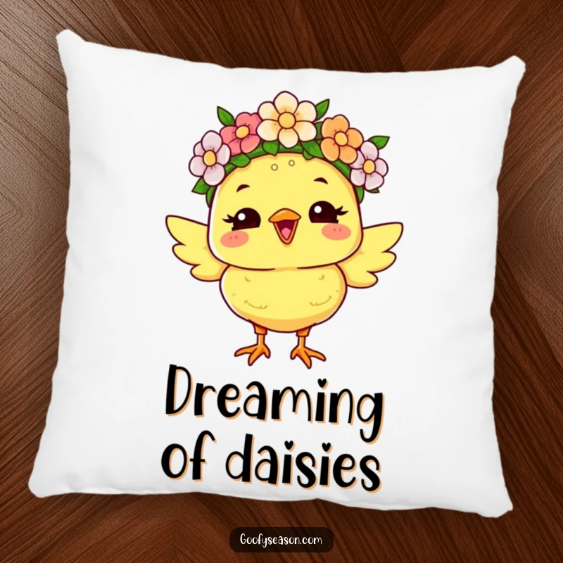 Funny pillow with a joyous chick character wearing a flower crown, offering a humorous and comfortable touch of spring to any space.