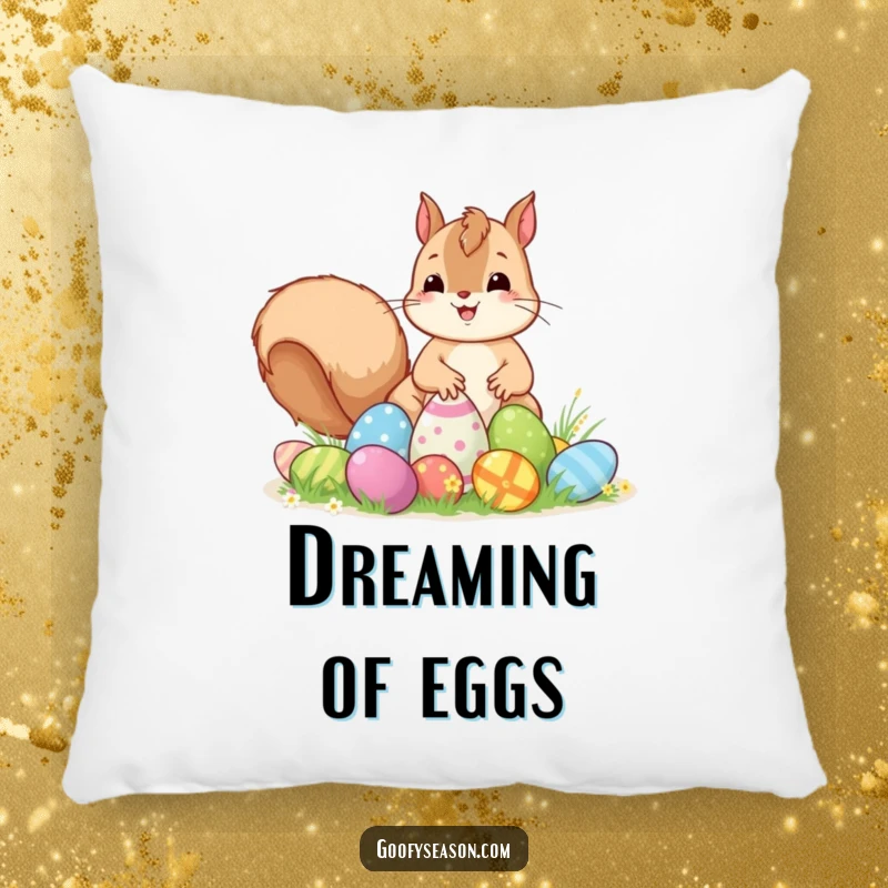 Funny Kawaii squirrel excitedly hiding colorful Easter eggs, perfect for a cozy and cute decorative pillow.