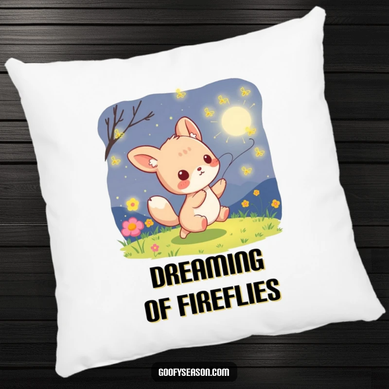 Funny kawaii animal character playfully pursuing glowing fireflies on a warm night, featured on a soft decorative pillow.