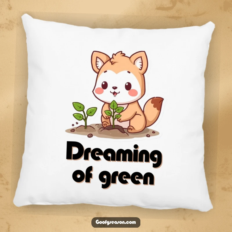 Funny pillow featuring a determined animal character planting a vibrant seedling with a hopeful expression.