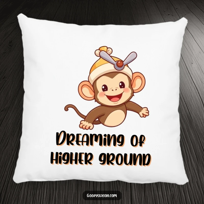 Funny pillow featuring a cheerful monkey pilot in a propeller beanie, flying through a summer sky, offering comfort and humor.