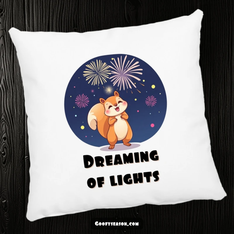 Funny decorative pillow with a playful squirrel character launching fireworks in the night sky, bringing celebratory vibes.