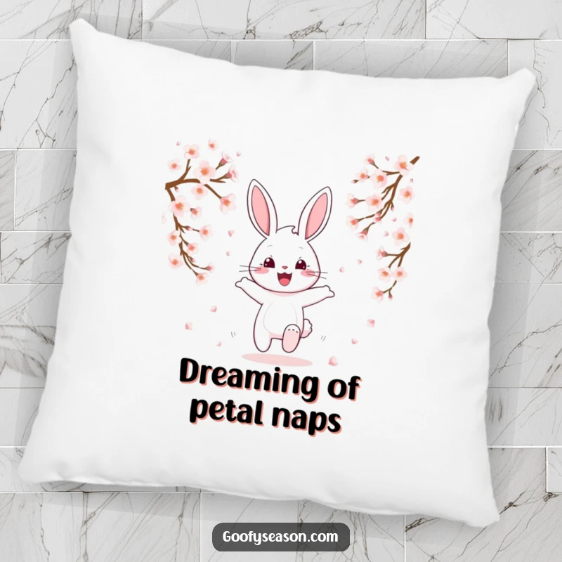 Funny happy bunny hopping through falling cherry blossoms on a decorative pillow, spring theme, cute.