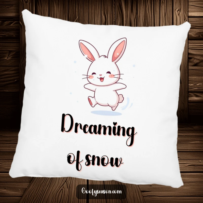 Funny pillow with an energetic rabbit character chasing snowflakes, offering a humorous and comfortable touch of winter playtime.