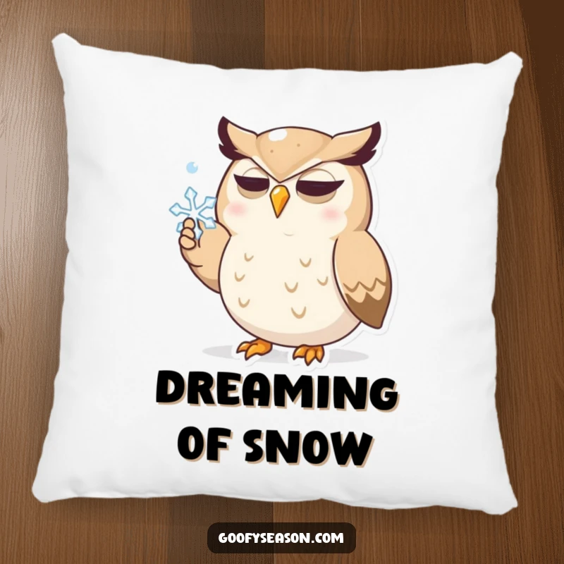 Funny pillow featuring a determined owl character with eyes wide, beak open, attempting to catch a falling snowflake, adding comfort and humor.
