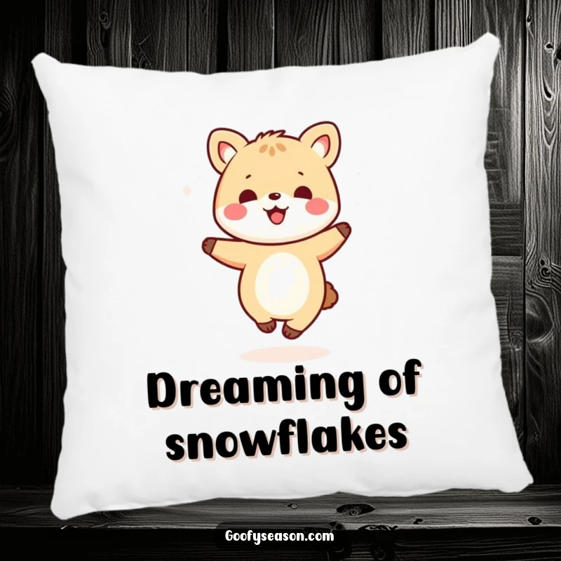 Funny kawaii animal character in a celebratory dance pose surrounded by gentle snowflakes, featured on a soft decorative pillow.