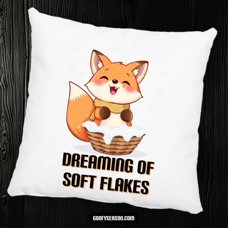 Funny Fox Pillow: A smiling fox enthusiastically catching falling snowflakes in a basket, providing comfort and winter charm.