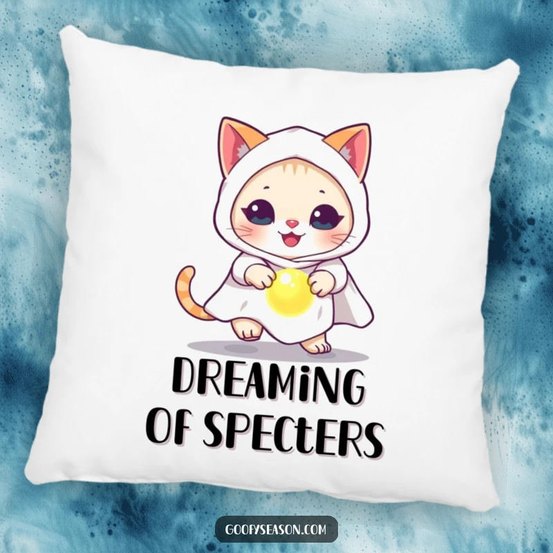 Funny cat in a ghost costume, chasing a glowing orb, featured on a soft accent pillow.