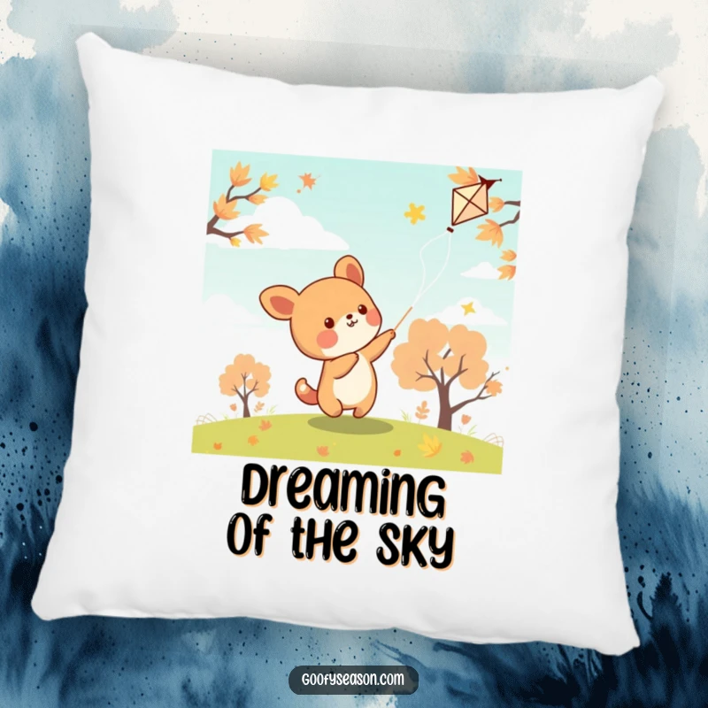Funny kawaii animal character flying a kite on an autumn day, looking soft and huggable on this pillow.