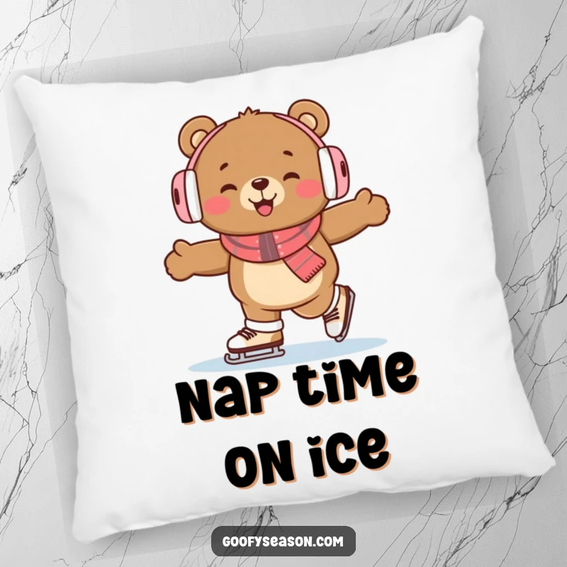 Soft pillow featuring a funny bear in earmuffs, ice skating with enthusiasm, adding winter cheer and humor.
