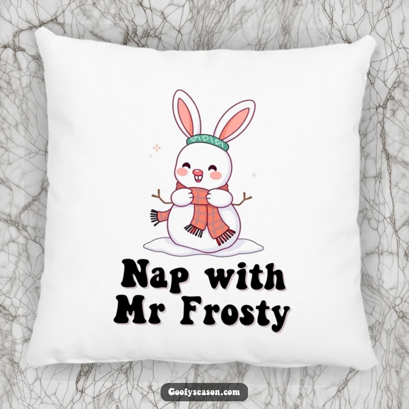 Funny decorative pillow featuring a happy bunny character adding a scarf to a snowman, embodying winter coziness.