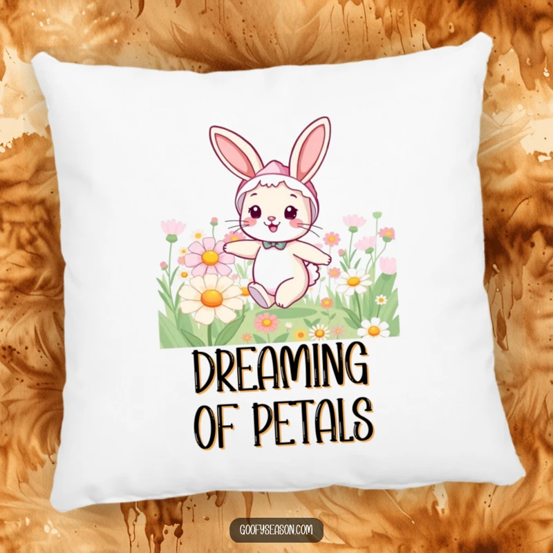 Funny bunny pillow with a cheerful rabbit in a spring bonnet, hopping through a garden of giant, colorful flowers.