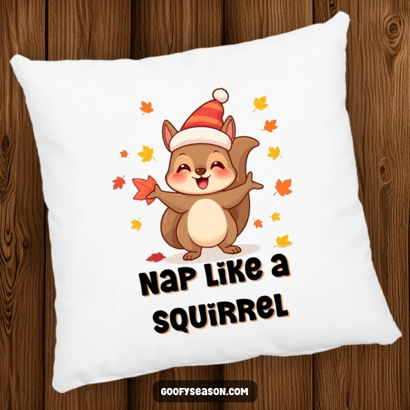 Funny Pillow: Joyful squirrel character in a festive hat, juggling colorful autumn leaves.