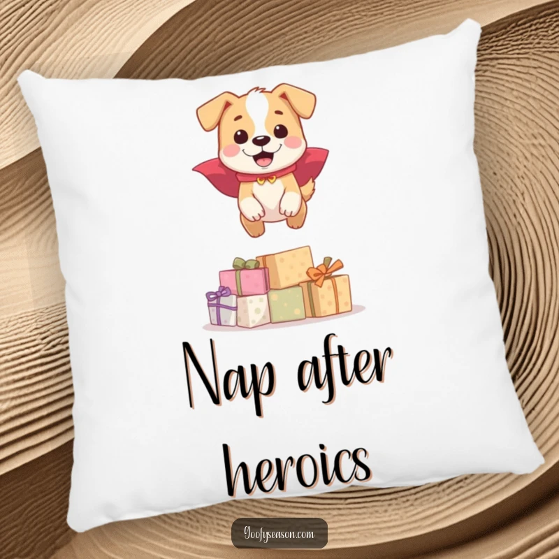Funny happy dog in a cape leaping presents on a soft pillow, a cute funny gift.