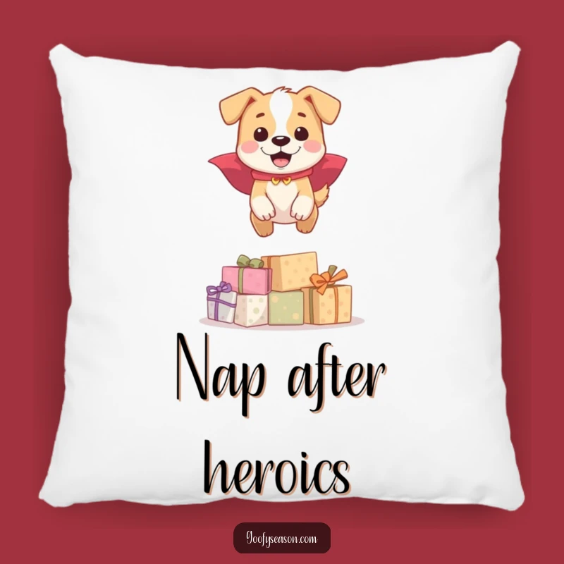 Funny Dog Cape Pillow: Cozy Cushion with Happy Hero Leaping Presents Design