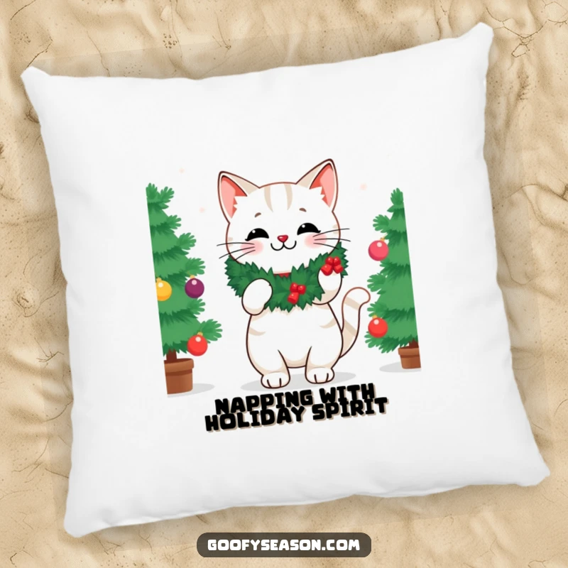 Funny pillow with a cheerful cat wearing a wreath, decorating a festive Christmas tree with joyful abandon.